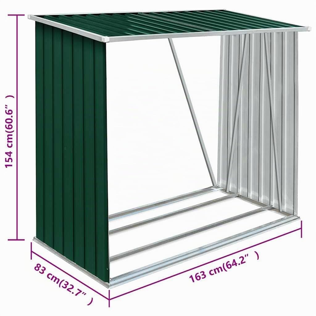 vidaXL Casetilla para Leña Acero Galvanizado Almacenaje Soportes Bolsas Orden Casa Jardín Hogar Chimenea Decoración Verde 163x83x154 cm