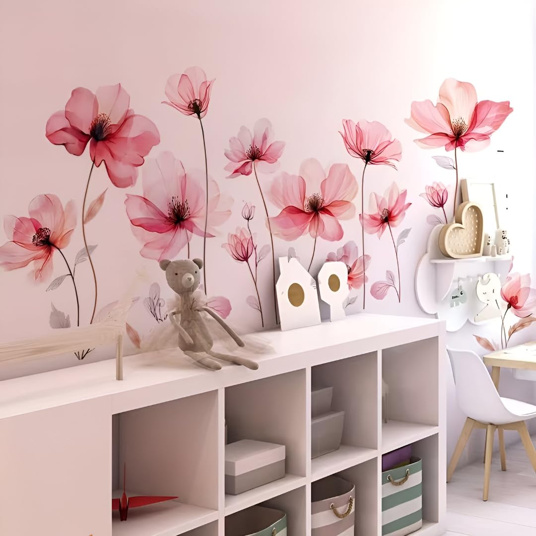 Pink Floral Wall Sticker for Home Décor | Finished Size 88cm x 35cm | Watercolor Flower Vinyl Wall Decal for Living Room, Bedroom, Nursery & Hall | Peel and Stick Removable Wall Art-image-43