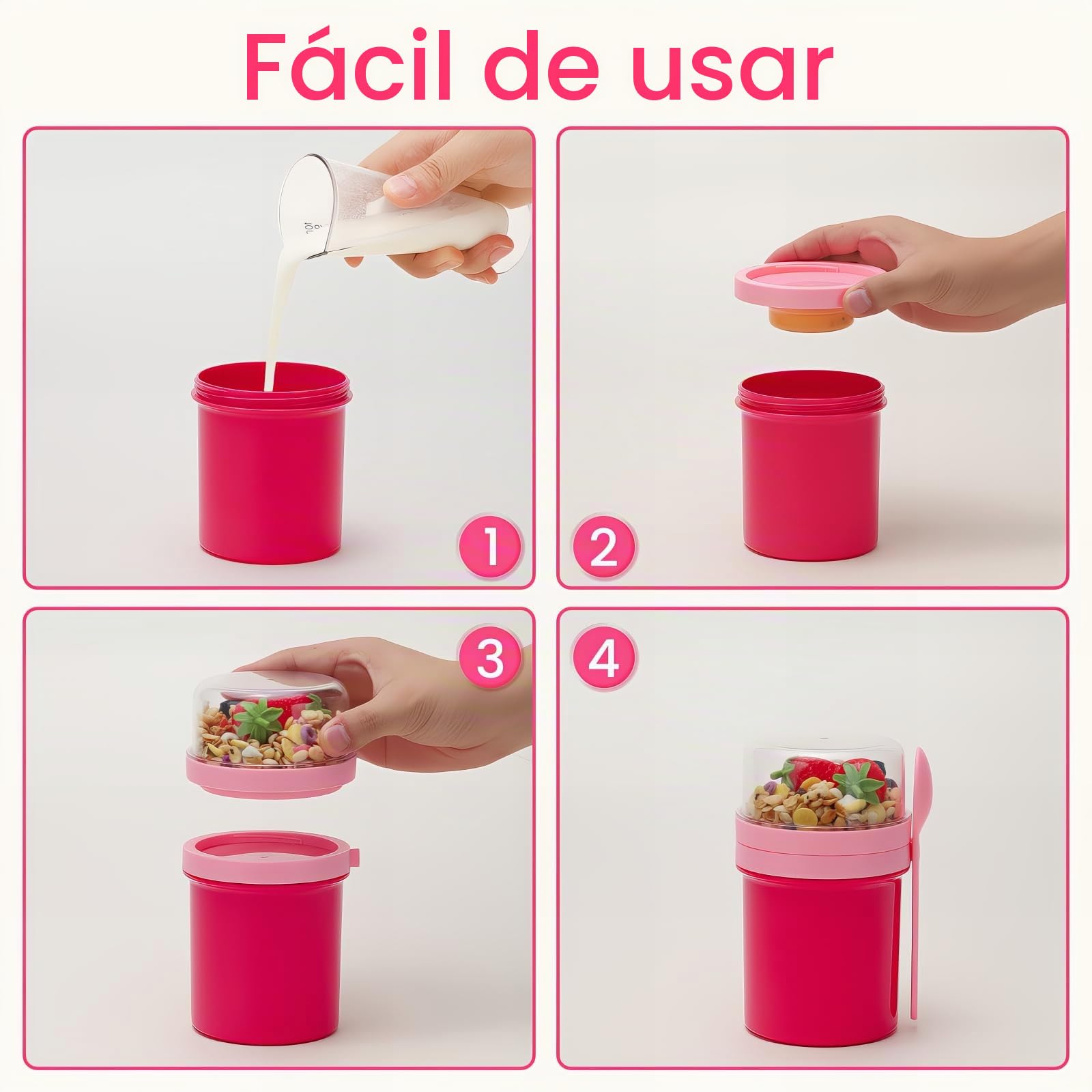 Bugucat Taza para Cereales 450ML+250ML, Taza de Yogur Recipientes para Cereales para Llevar con Tapas y Cuchara, Reutilizable Porta Yogur Vaso Portátil Taza de Cereales con Recipiente para Ensaladas