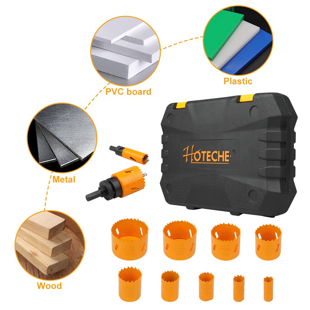 Hoteche 12-Piece Bimetal Hole Saw Kit, M3 Material with 9 Sizes (19-64MM), 2 Mandrels & Adapter Nut, Color Box + Plastic Case