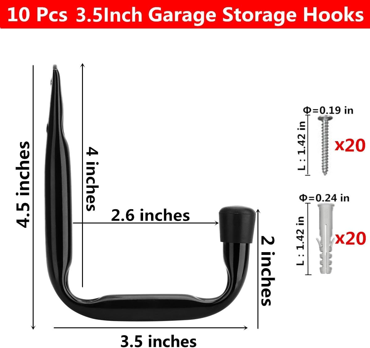 Garage Storage Hooks, Heavy Duty J Utility Hangers (Black, Pack of 10)