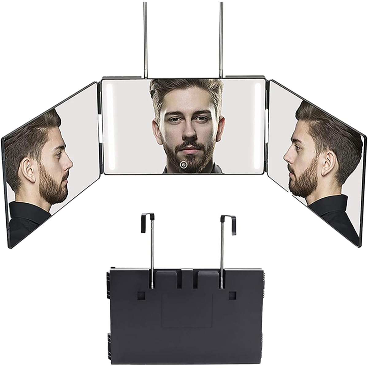 360° 3-Way Haircut Mirror with LED Lights, Rechargeable Trifold Self,Cut Mirror, Adjustable Height, Real Glass, Anti-Fog Design, Perfect for DIY Haircuts, Makeup, Shaving, Travel, Best Self Barber