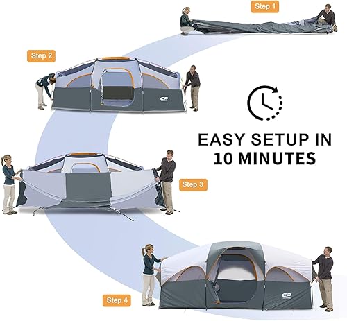 Miniatura 6 de CAMPROS CP Tienda de campaña para 8 personas, tienda familiar resistente a la intemperie, 5 ventanas de malla grandes, doble capa, cortina dividida