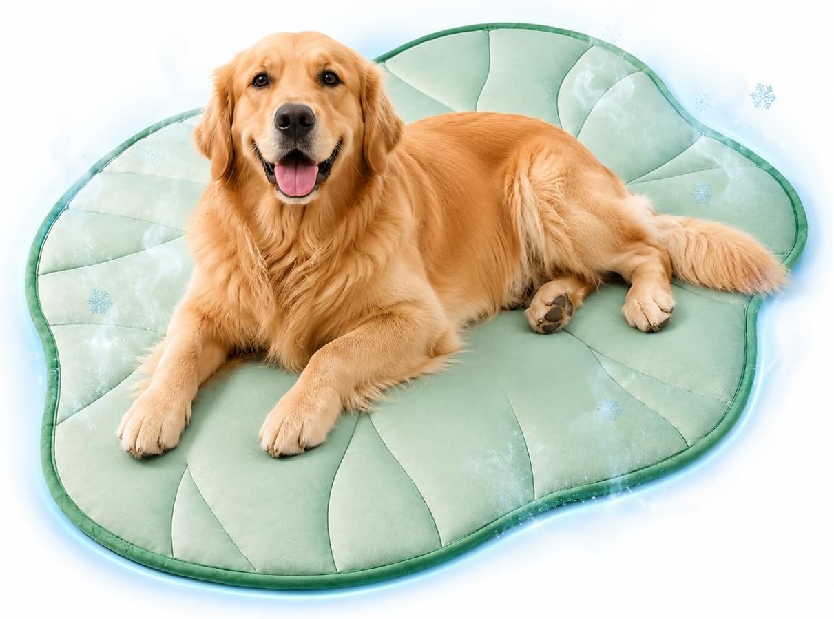 Hunde Kühlmatte für Hunde und Katzen, Blattform Haustier Kühlkissen mit Eisseide Oberfläche, weiche Sommer Kühlmatte für Haustierbett, Kiste, Sofa, Boden und Autositz – waschbar, faltbar (Grün 150cm)