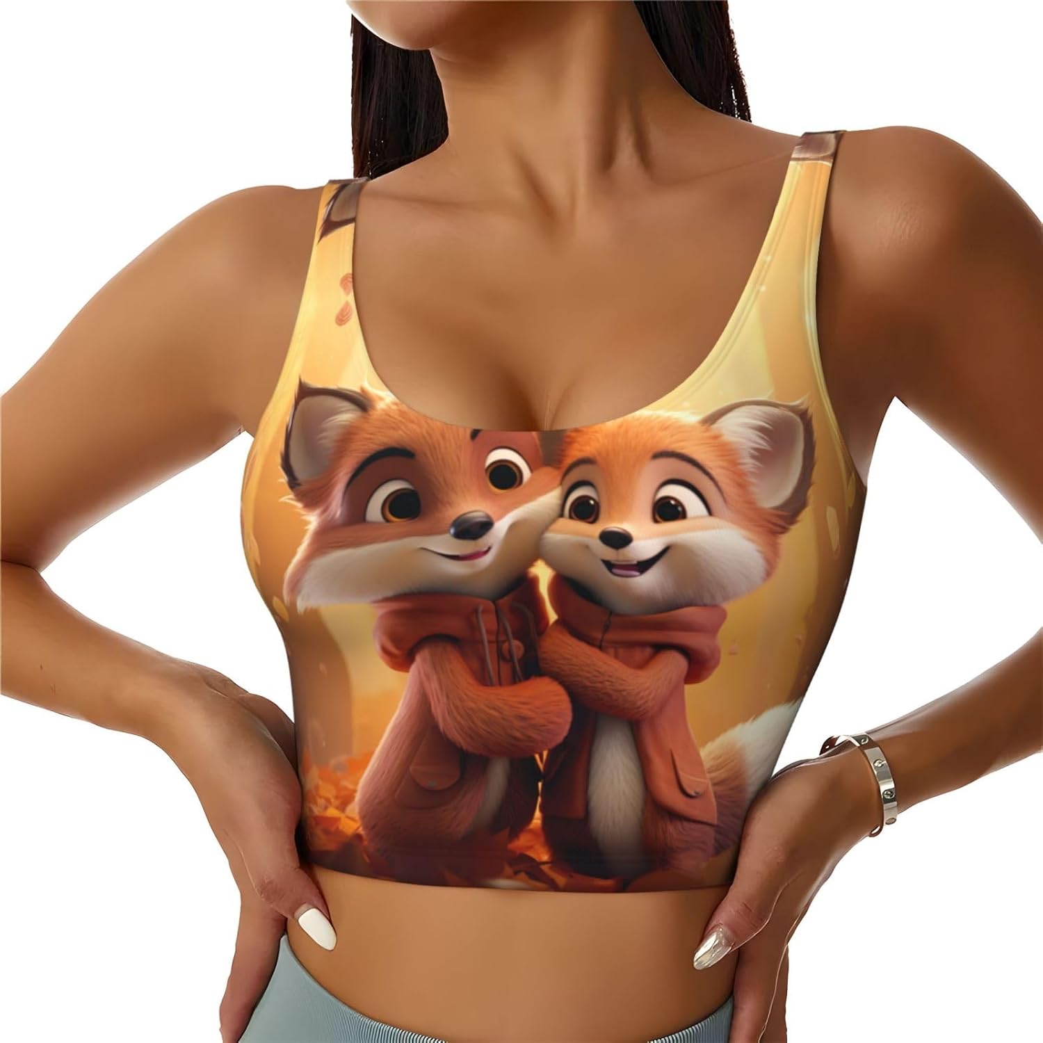 Cartoon Fox Print Sports Bras for Women Funny Yoga Crop Tank Tops for Exercise Running Cycling Gym