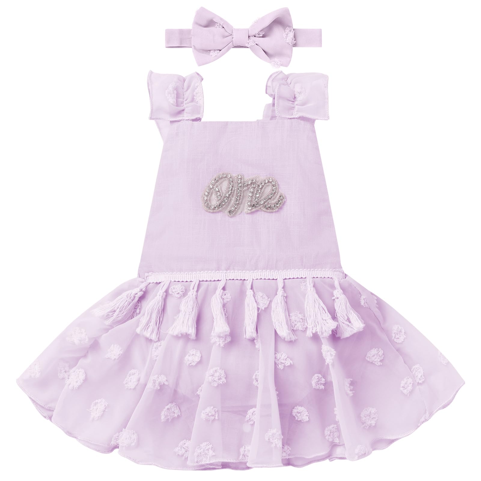 FYMNSI Newborn Baby 1st Birthday Girl Outfit Boho Romper Dress Tutu For Toddler Girls Princess Ruffle Dots Backless Bodysuit Jumpsuits Headband First Birthday Decorations Cute Clothes Purple 12-18M