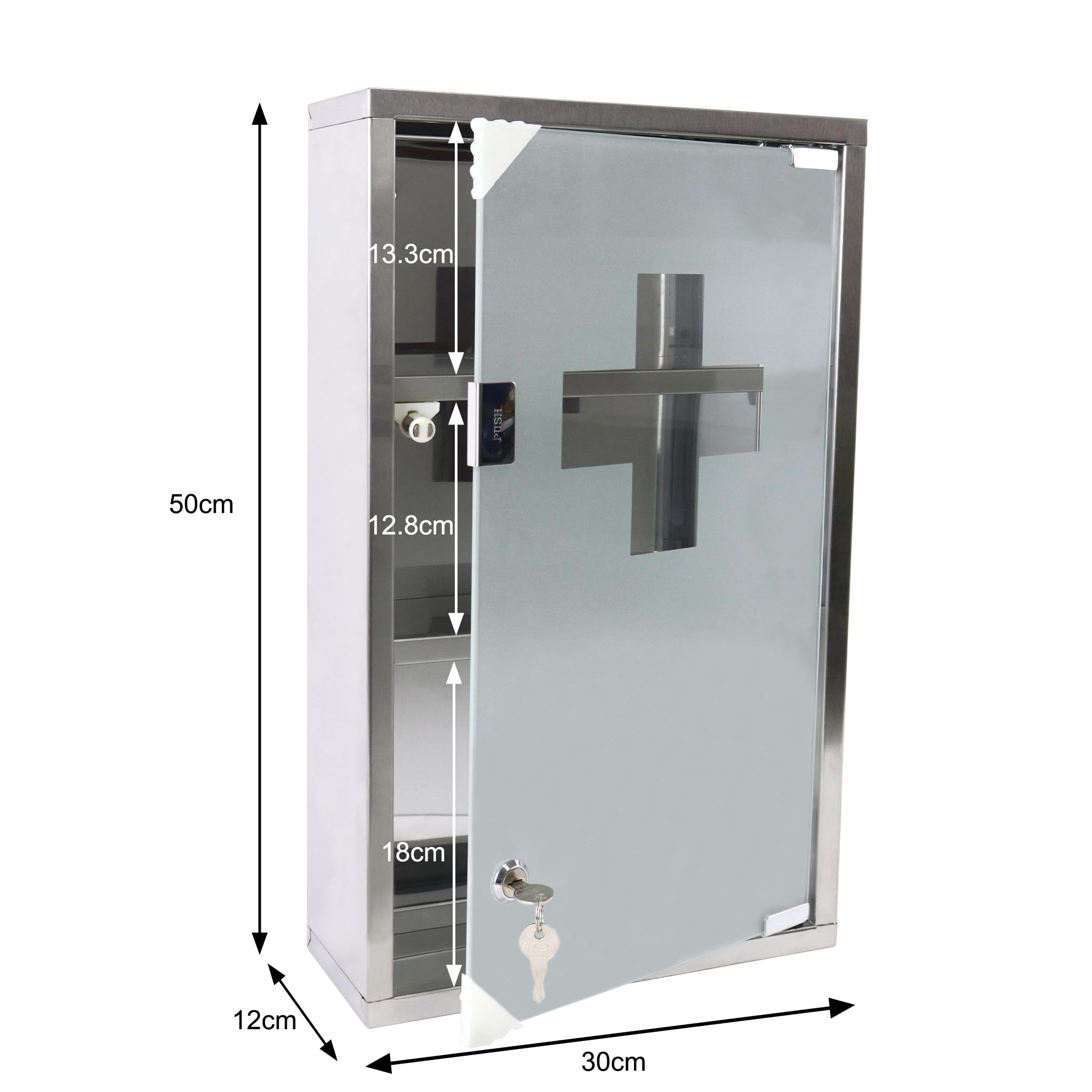 Medizinschrank Apothekerschrank, Abschließbarer Hängeschrank mit Magnetischer Glas Tür, 30x12x50cm (Silber, 3 Fächer)