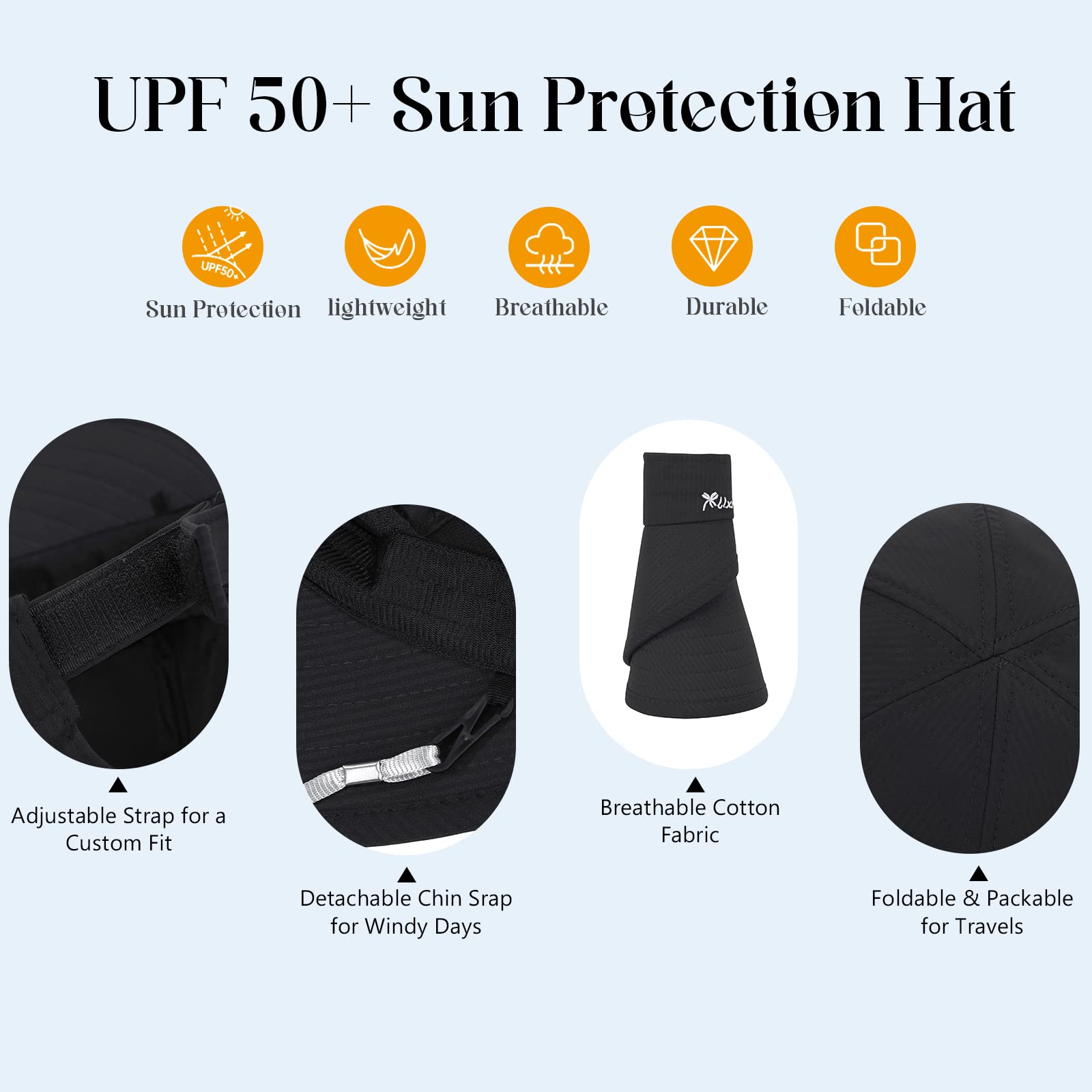 Sombreros de sol para mujer, protección UV, ala ancha 2 en 1, visera con cremallera, para verano, playa, sombrero de golf plegable, Negro -, Talla única 3