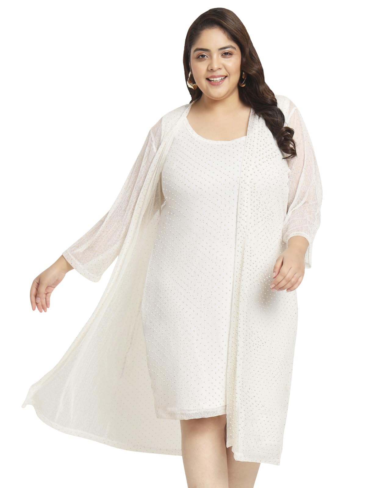 wild UWomen Plus Size Two Piece Shrug Dress Set | Knee Length | Sleeve | Shimmer Gold Glitter | (Off White, Size : 3XL to 10XL)