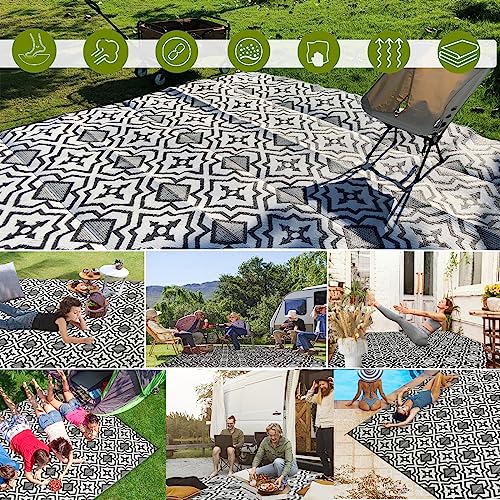 Patio Rugs Outdoor 9X12 Clearance Waterproof Camping Rugs For Outside Your Rv Outdoor Plastic Straw Rug Deck Rugs Patio Mat Outside Black And White Grey Large Outdoor Rug For Camping Deck, Beach,Pool… #TOP6