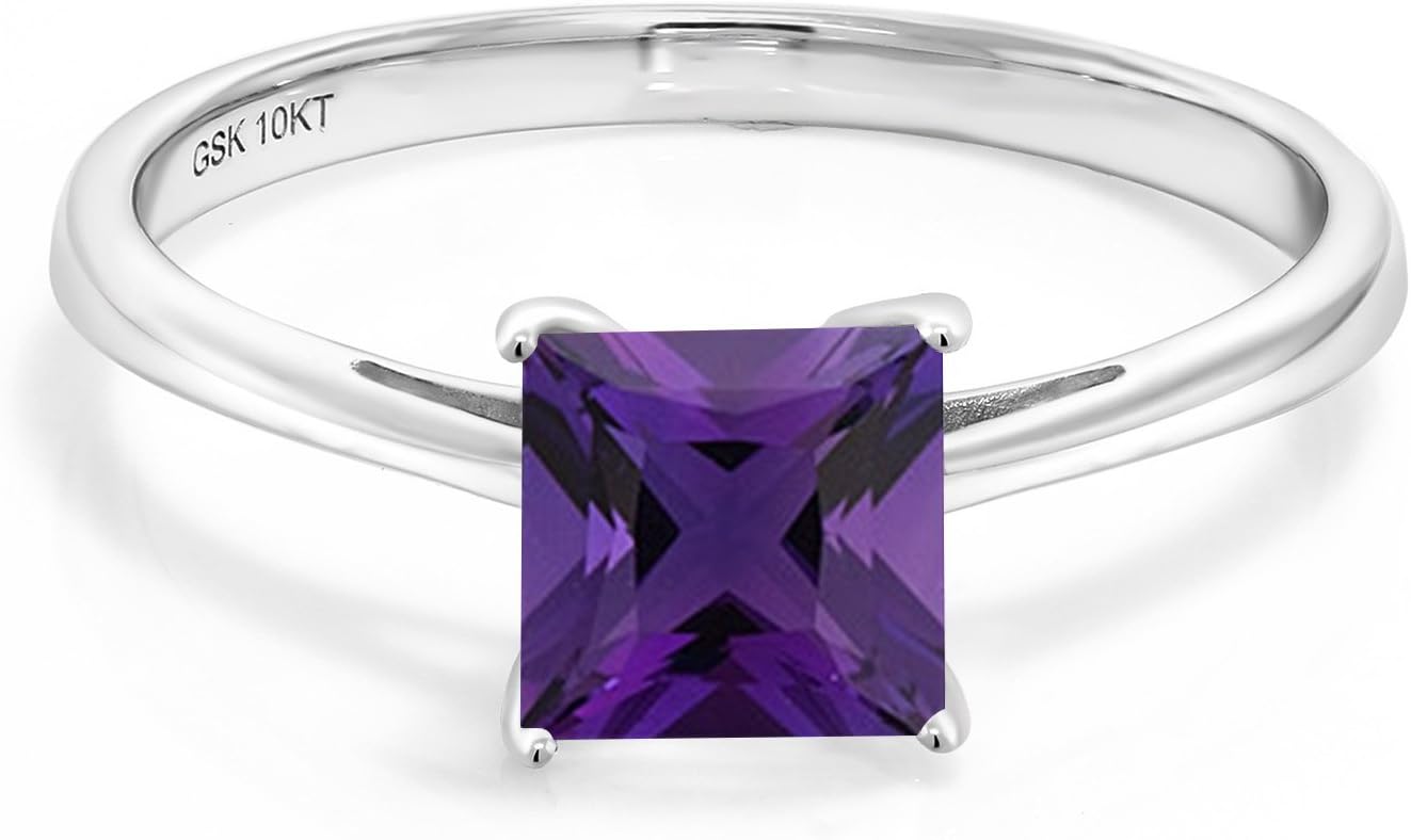 Gem Stone King 10K White Gold 6MM Princess Cut Gemstone Birthstone Engagement Ring | Solitaire Wedding Engagement Anniversary Promise Gold Ring For Women | Sizes 5 to 9