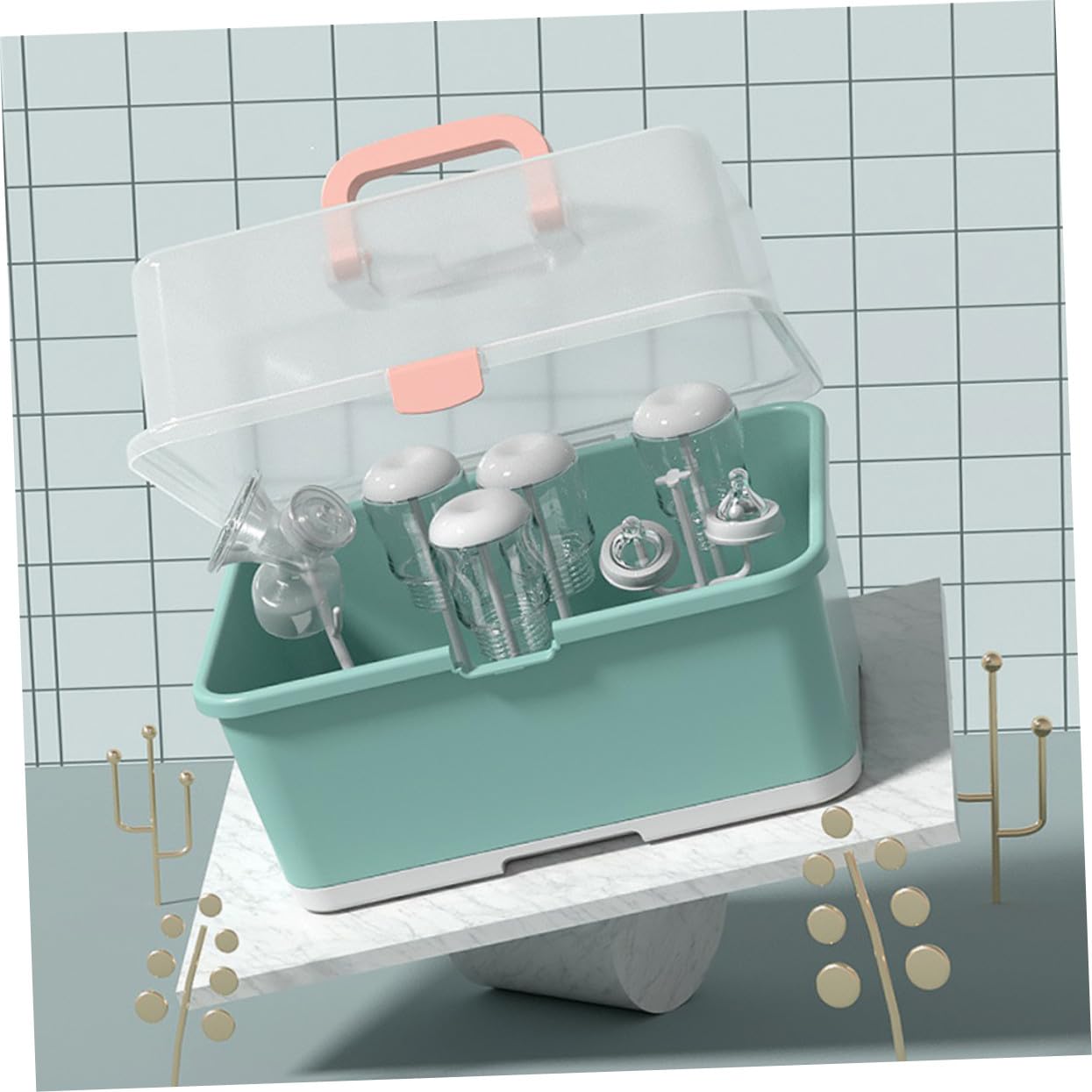 Caja de Almacenamiento para Biberones con Tapa y Bandeja Escurridora Soporte Organizador Portátil para Secar y Guardar Utensilios de para Mayoría de Biberones y Accesorios de