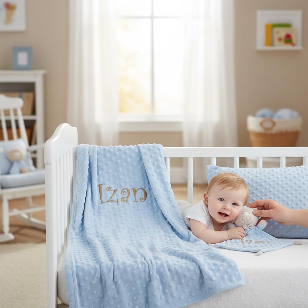 various Coffret Cadeau bébé personnalisé avec prénom, Bleu | Couverture Minky, Doudou ultra-douce, Brodée au nom du nouveau-né, Pour garçon ou fille