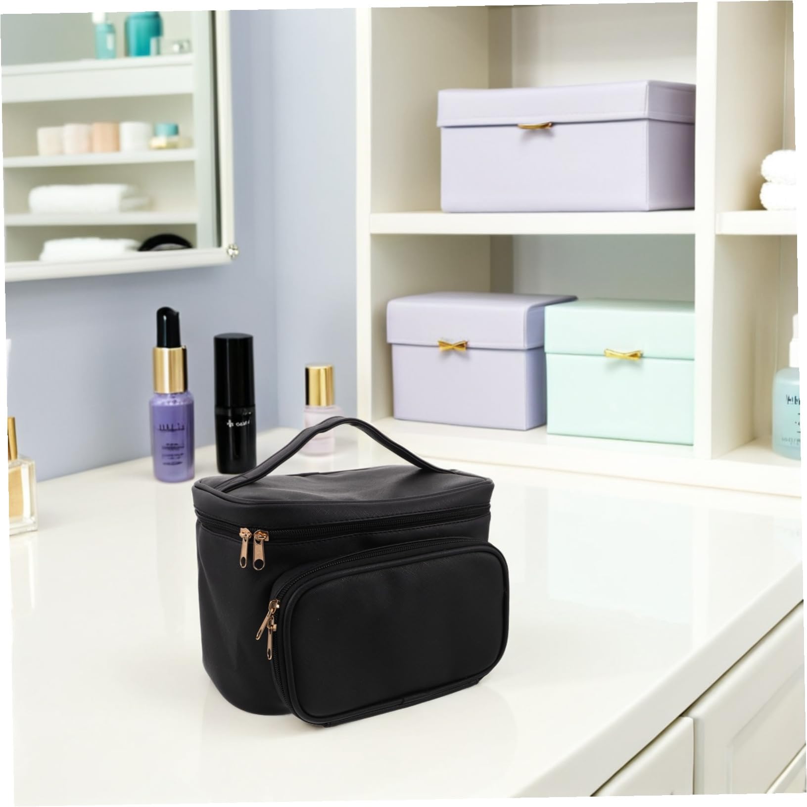 Cabilock Borsa per Trucco da Viaggio Organizer Custodia per Cosmetici in Pu Divisori e Cerniera di Sicurezza Leggera e Portatile per Donne