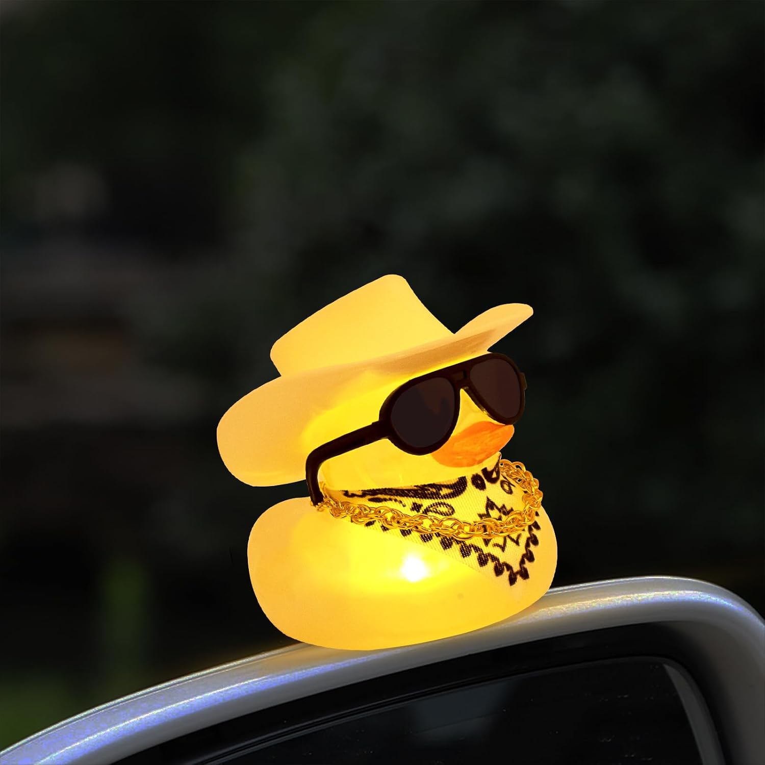 wonuu Car Rubber Duck with Light, Yellow Ducky with Bandana Necklace Sunglasses for Dashboard Decoration, Yellow Light-Solid White Cowboy Hat