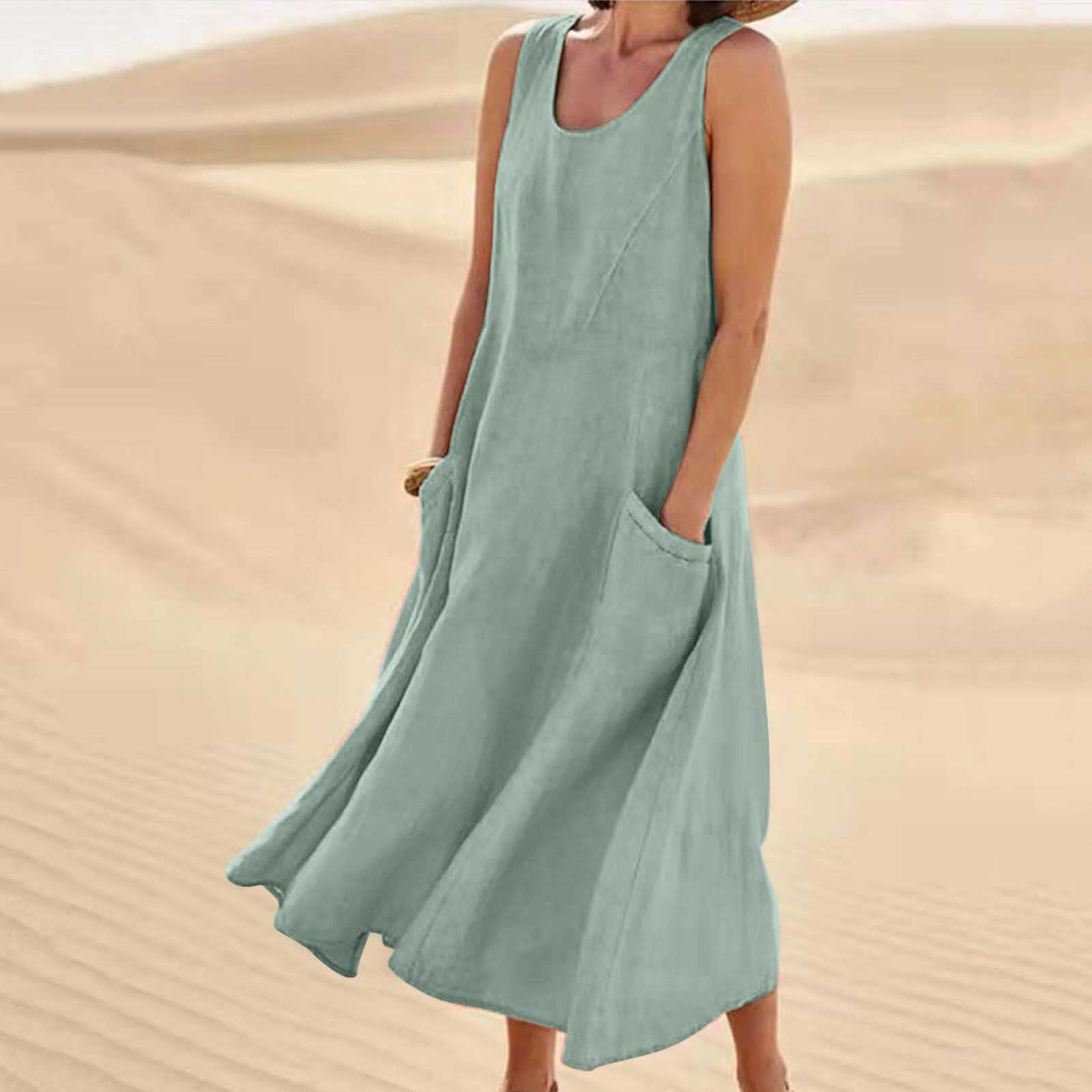 Vestido largo de verano de lino y algodón para mujer, sin mangas, elegante, fluido, talla grande, holgado, cómodo, con bolsillos