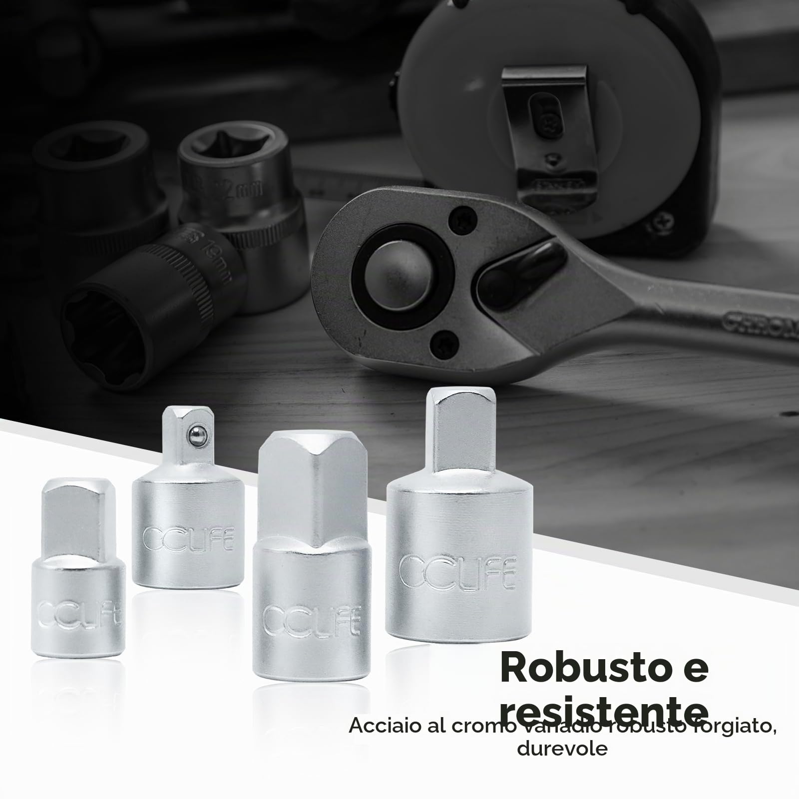 CCLIFE Set di Adattatori per Bussole 1/2" 3/8" 1/4" per Chiavi a Cricchetto o Dinamometrica 4 Pezzi