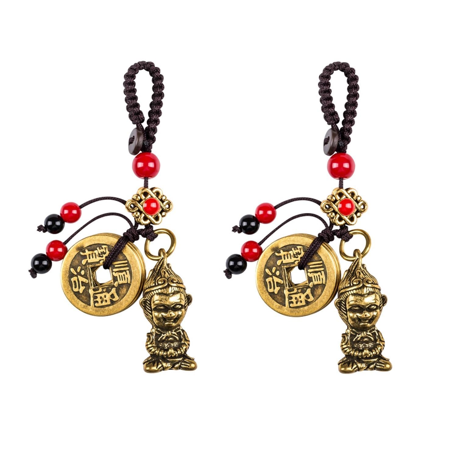 YUZDNM 2PCS Monkey King Key Chain, Brass Sun Wukong Statue, Chinese Buddha Monk Pendant for Motorcycle Car