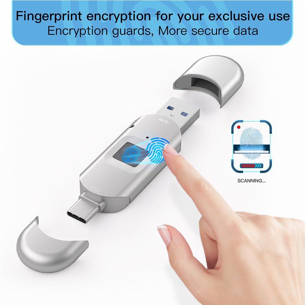 Odblokowanie linii papilarnych USB Flash Drive, ochrona hasłem dysk USB 2 w 1, szyfrowany pasek pamięci dla systemu Android/PC (7,6 x 2,15 x 0,85 cm) 64 GB