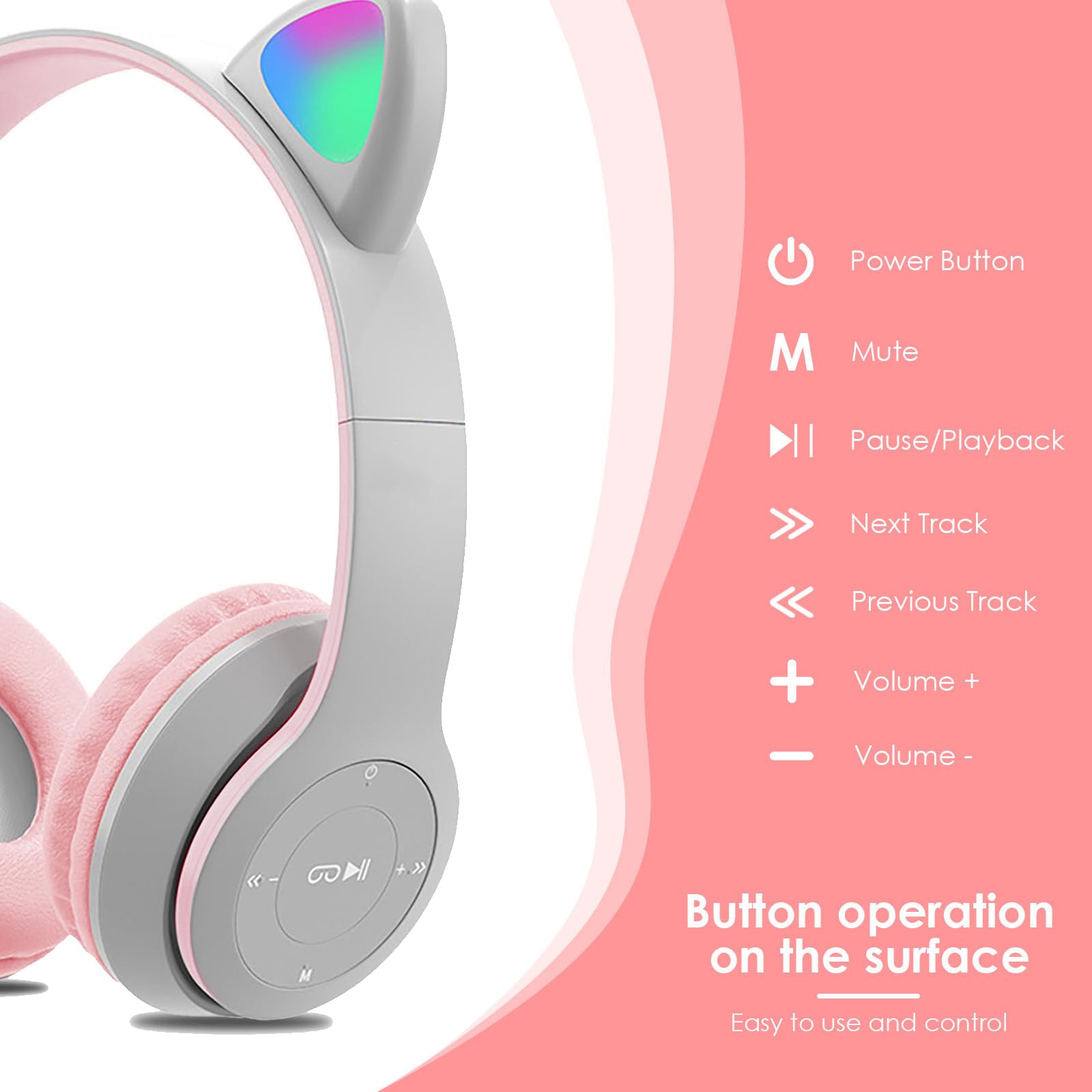 Casque d'écoute sans Fil Bluetooth 5.0, écouteurs d'oreille de Chat Pliables sur l'oreille avec Lumières Colorées, Unité de Pilote de 40 mm, pour iPhone/ iPad/Smartphones/Ordinateur Portable/PC/TV