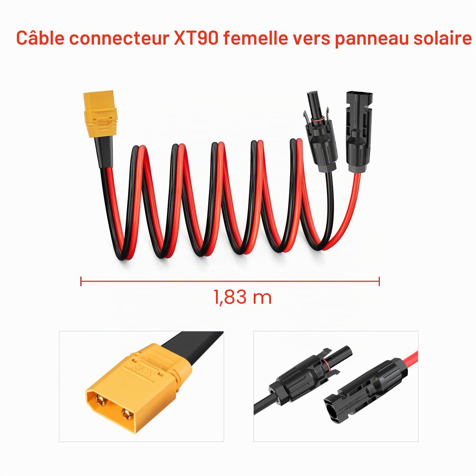 ELFCULB Câble Solaire XT90, 10AWG XT90 Femelle vers Panneau Solaire, Câble de Connecteur Pour Station d'alimentation Portable Panneau Solaire(1.8M)