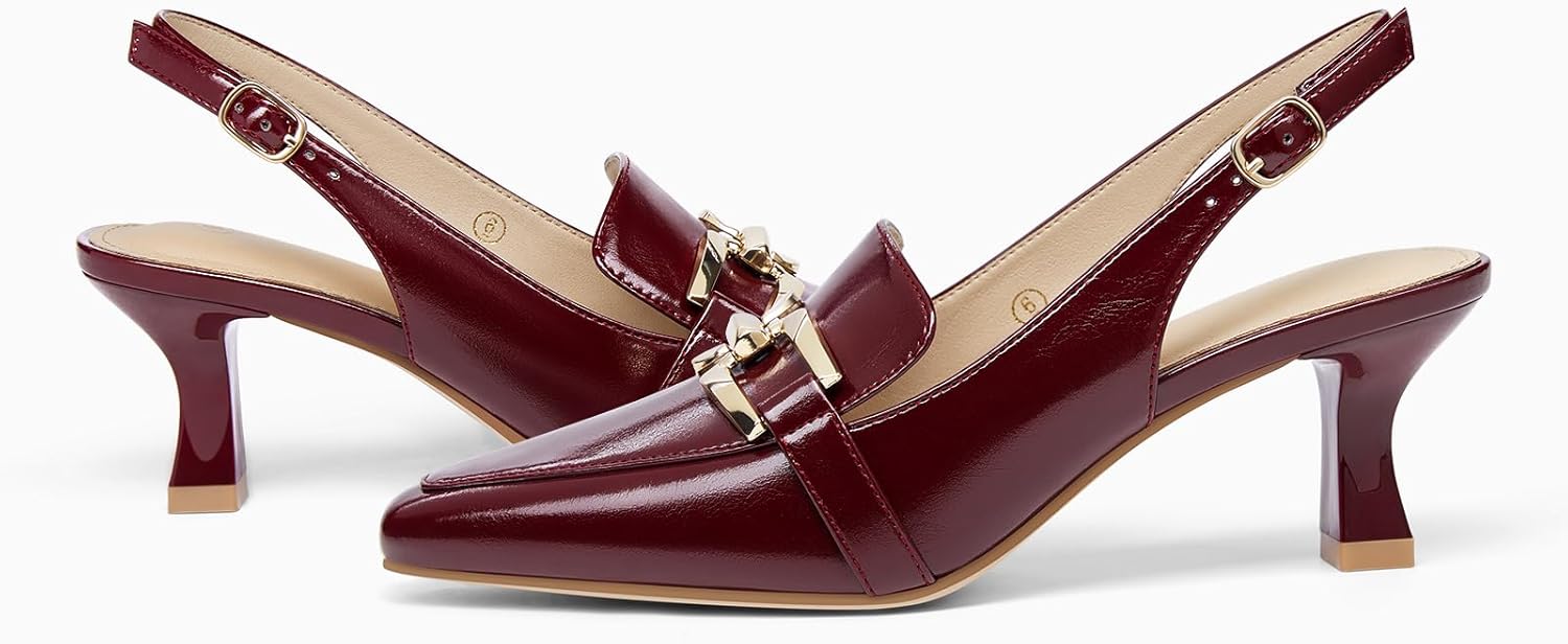 Fashare Womens Kitten Heels Slingback Closed Pointed Toe Dress Shoes Metal Chain Buckle Elegant Pumps - Image 5