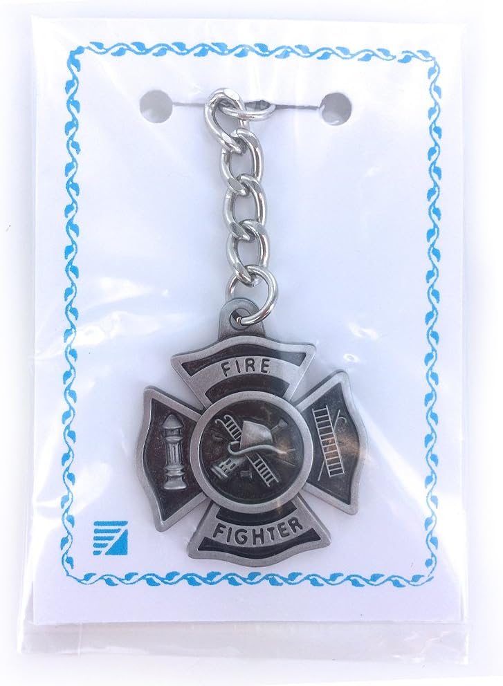 SHOP AWARDS AND GIFTS Firefighter Maltese Cross Keychain, Fire Department Appreciation Gifts, Antique Pewter,