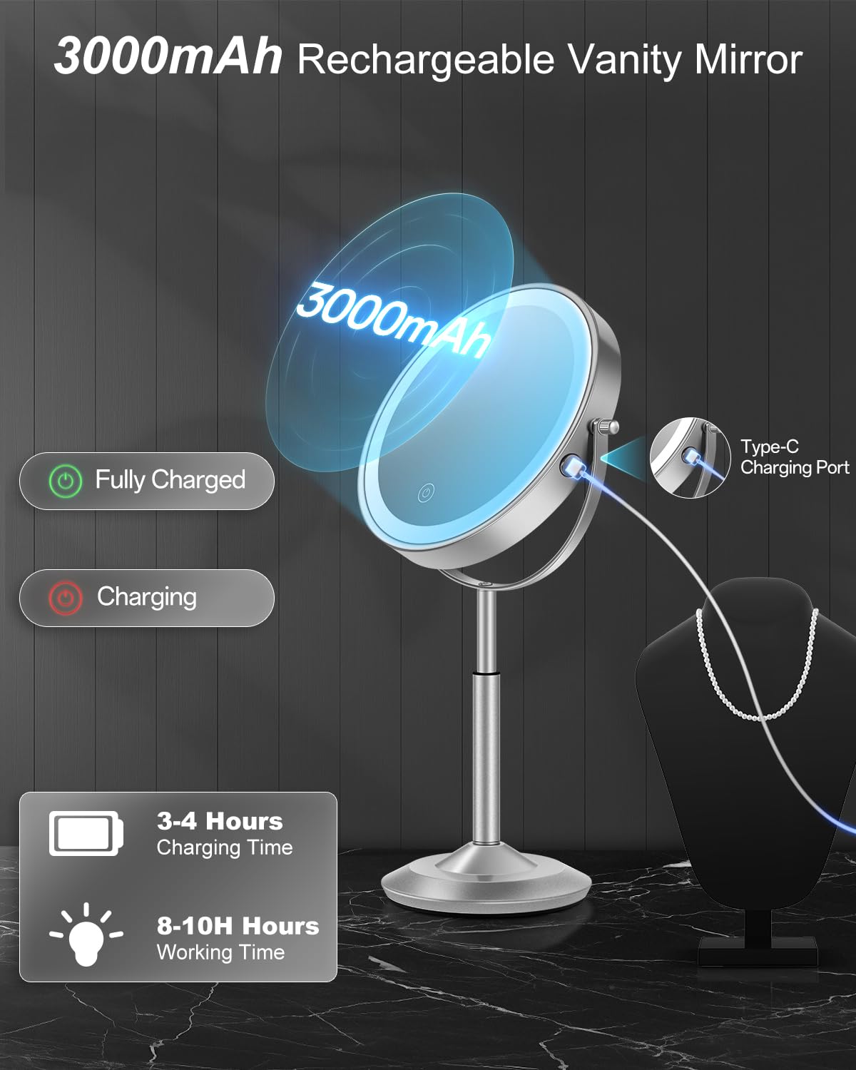 Lighted Makeup Mirror with 30X Magnification, Adjustable Height & 3 LED Lights