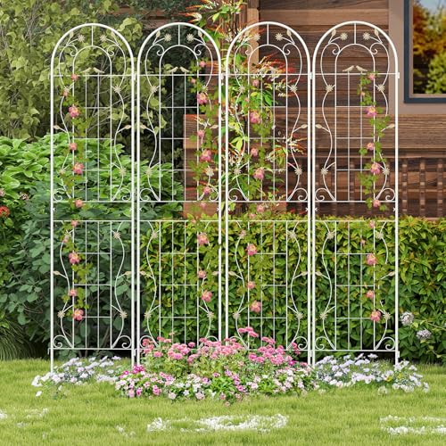 COSTWAY Rankgitter Metall, 2er Set, dekorativer Gartenzaun, freistehende Rankhilfe, Spalier Garten zum Stecken, Rankspalier für Kletterpflanzen Blume Gurke (220 x 50 cm, Weiß)
