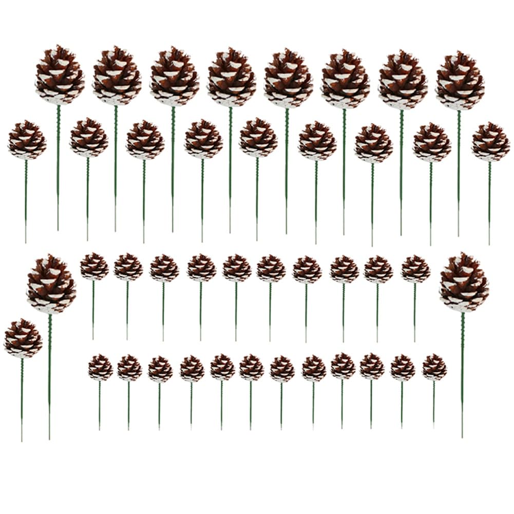 Jzoowar 42 Pieces DIY Pine Cone Flower Pick Green Pole Dried Flower Ornaments Pinecone with Wired Pick Family Gathering Decor