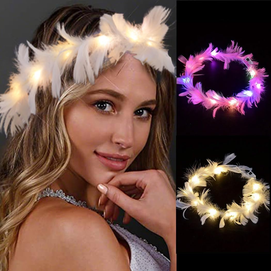 Edary LED Light Up Headbands Flashing Feather Wreath Crown Angel