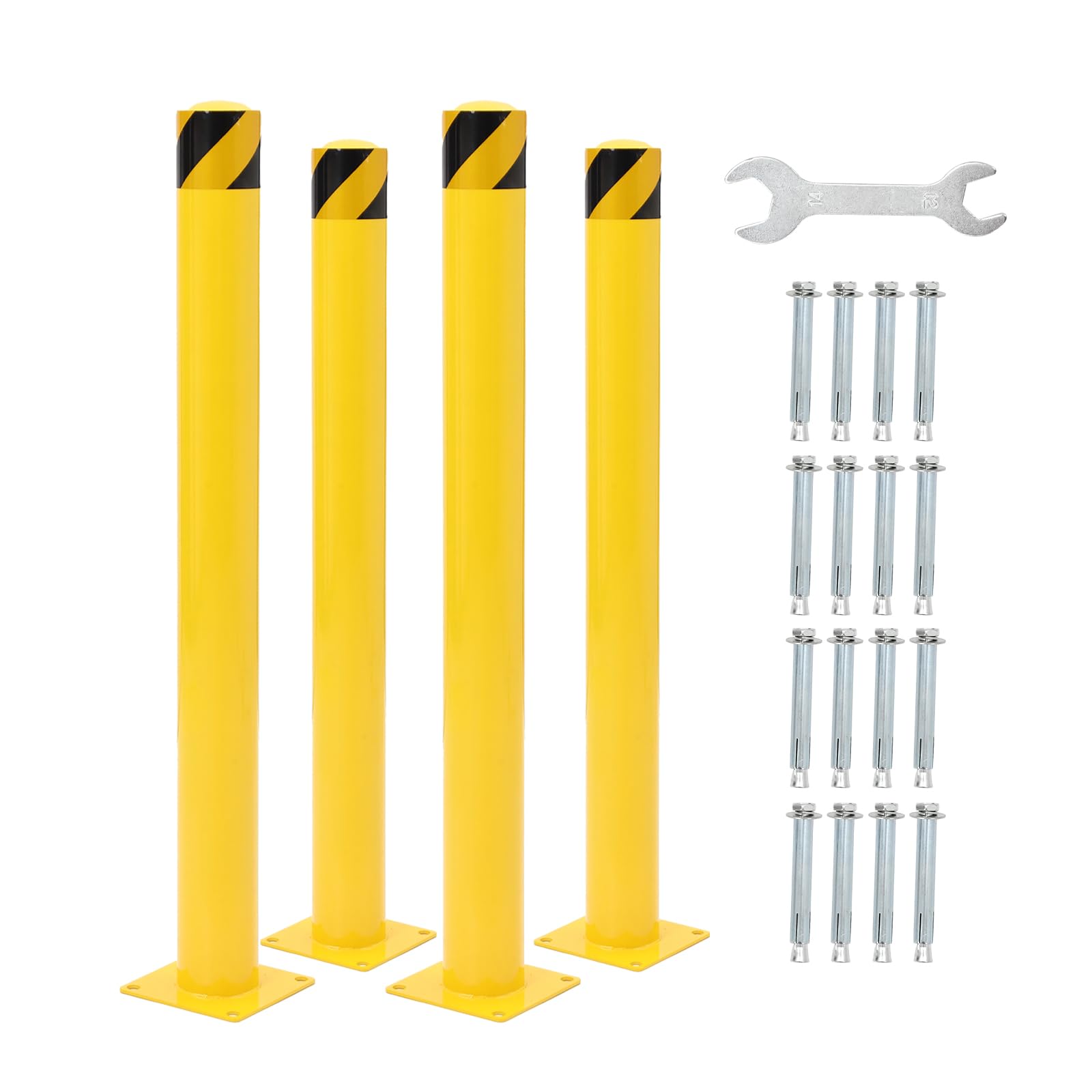 Safety Bollard 4 Packs, 42 Inch Height Bollard Post, 4.5 Inches Diameter Steel Pipe, Yellow Safety Steel Bollard with 8 Anchor Bolts, Driveway Security Bollards for Traffic-Sensitive Area