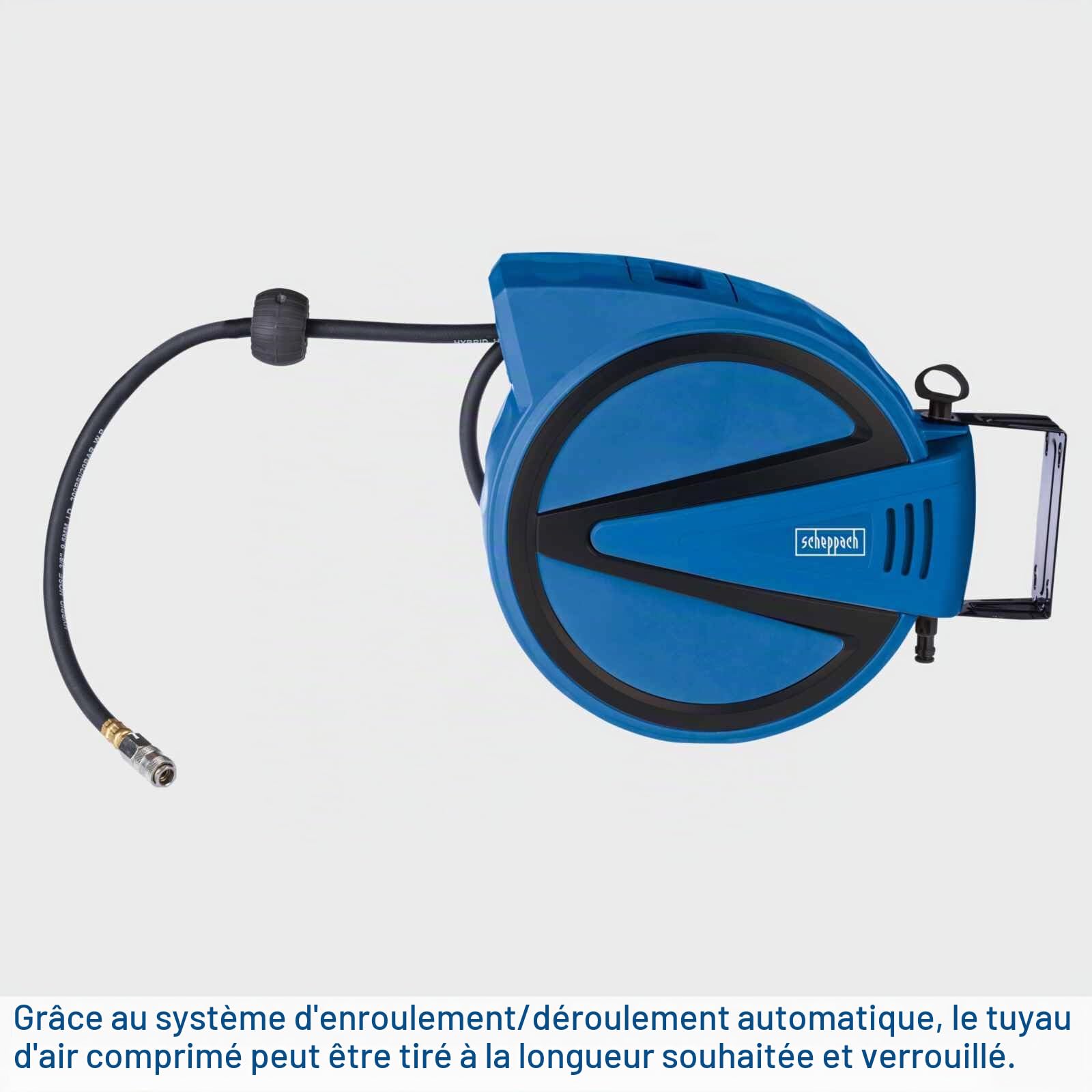 Scheppach Enrouleur de tuyau d'air comprimé - 15 m - Pression de travail : 15 bar - Diamètre intérieur : 9,3 mm - Diamètre intérieur : 15,3 mm - Orientable à 180 ° - Portable - Avec arrêt automatique