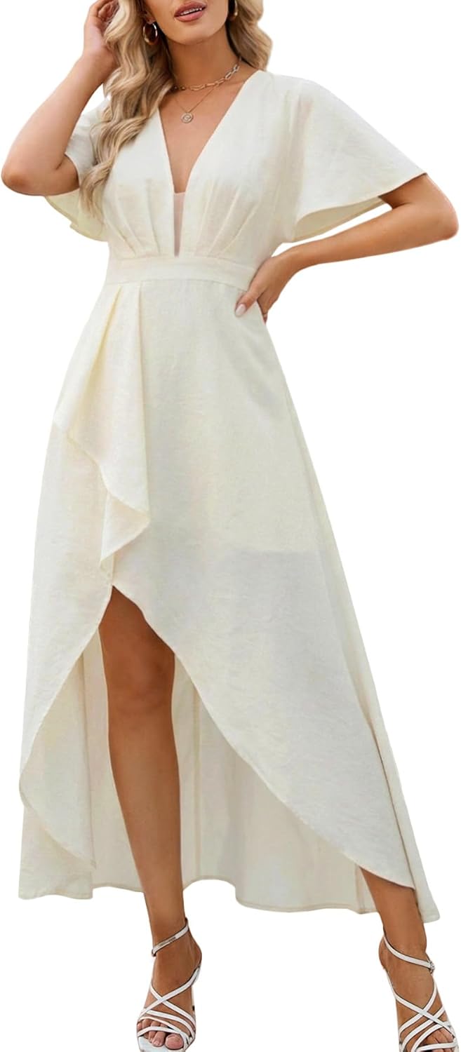 Womens Summer Short Sleeve V Neck Maxi Dress High Low Split Long Flowy Dresses Formal Cocktail Wedding Guest Dresses