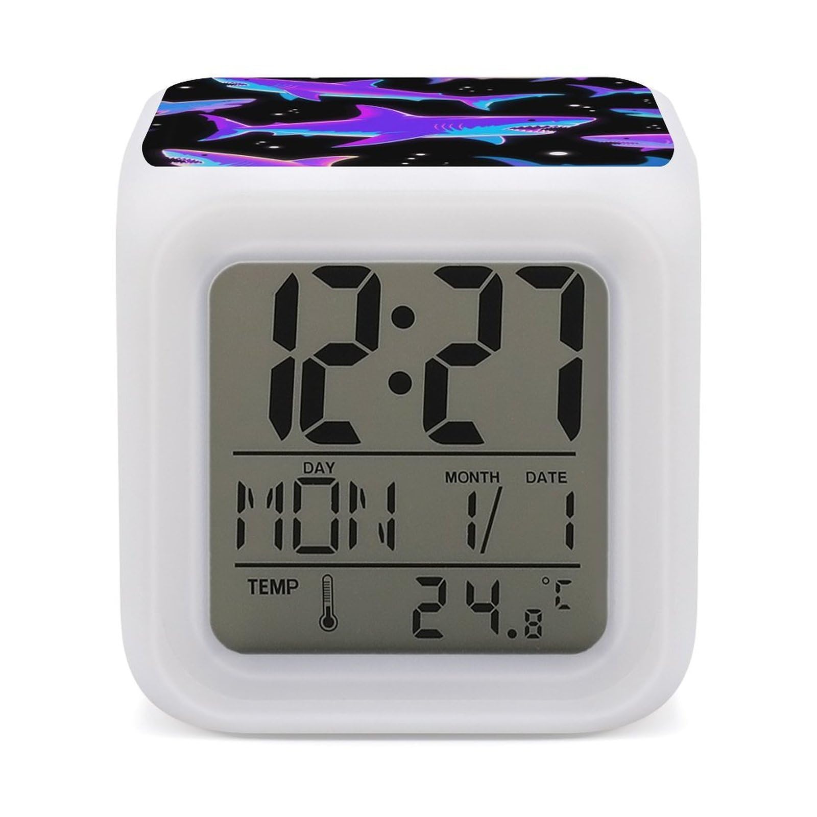 7 Color Ambient Night Light Cube Battery Operated Colorful Sharks Digital Clock with Snooze Temperature LED Digital Alarm Clocks Dimmable Wake Up Light Portable Mood Lamp for Bedroom Desk Gift