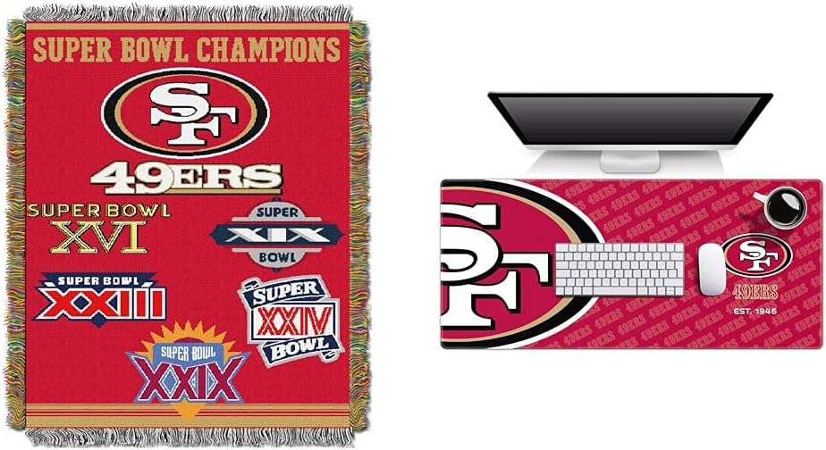Northwest Company NFL San Francisco 49ers Woven Tapestry Throw Blanket, 48" x 60", Commemorative & for Bare Feet NFL 4 Stripe Deuce Crew Sock, San Francisco 49ers, Large