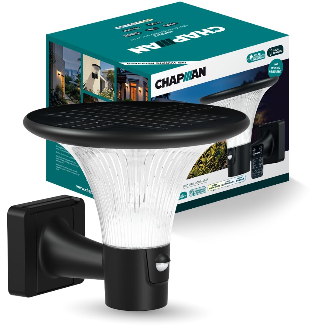 Chapman Birkdale 10W LED Solar Lights Outdoor Garden, 1000lm IP65 Waterproof Wall Lights with Motion Sensor, Remote Control, 3CCT 3000K/4000K/6000K Solar Security Light, Black (Crystal)