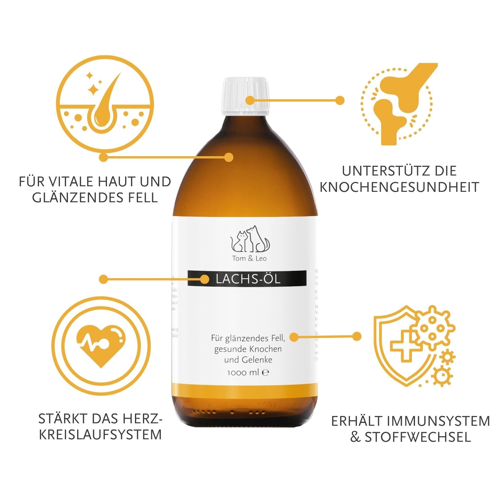 Aceite de salmón 1000 ml para perros y gatos – de Tom & Leo – Aceite de salmón salvaje con Omega 3-6-9, ideal para Barf, Piel y Pelaje, Aceite de pescado Premium para perros