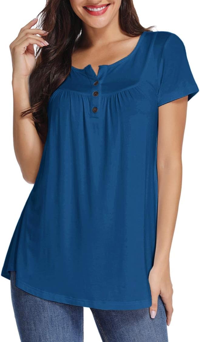 Women Henley Shirts V Neck Blouse Button Up Tunic Casual Tops