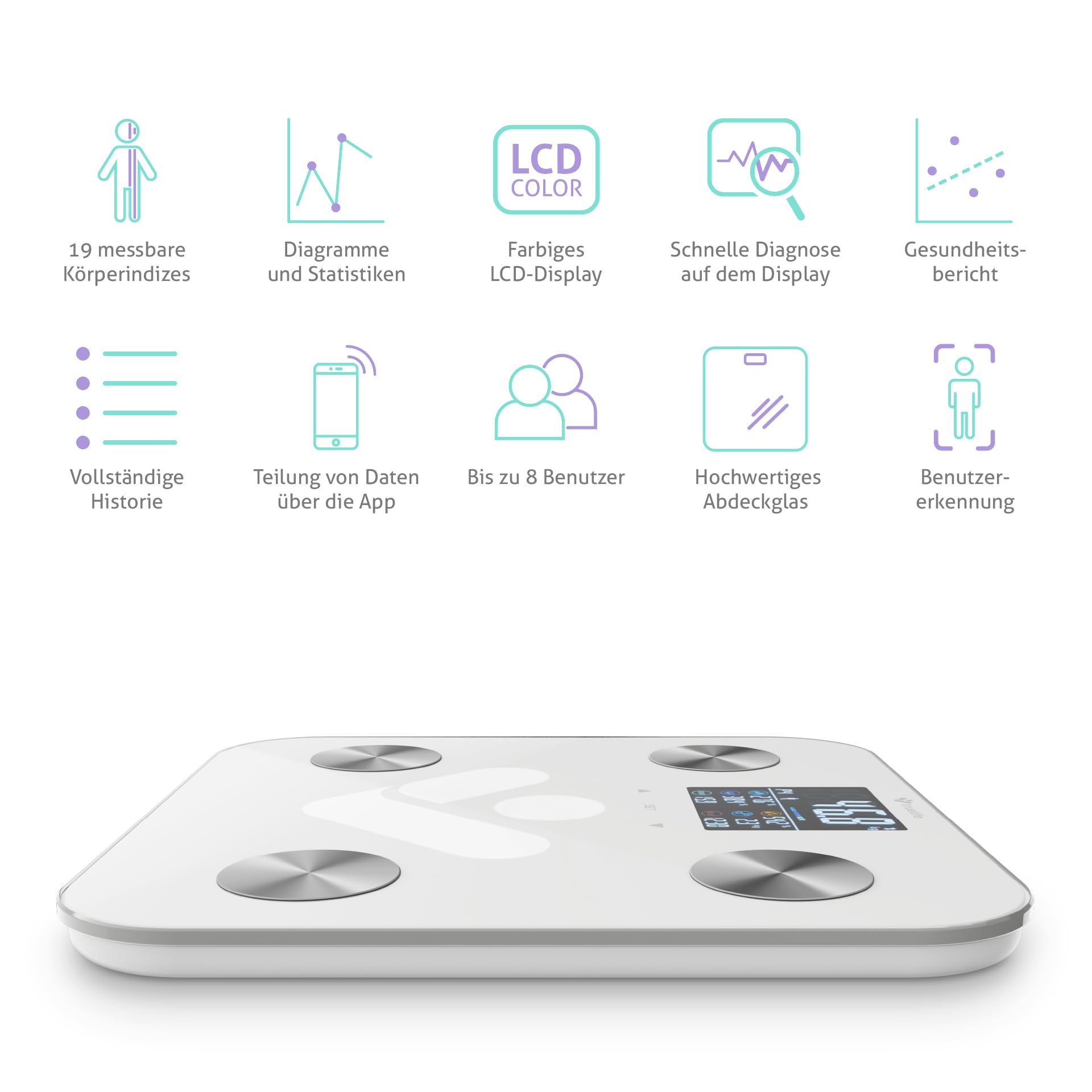 TrueLife FitScale W6 BT Personendiagnostische Bluetooth-Waage, Messung mit bioelektrischer Impedanzanalyse, 19 messbare Körperindizes, farbiges LCD-Display, bis zu 8 Benutzer, mobile App
