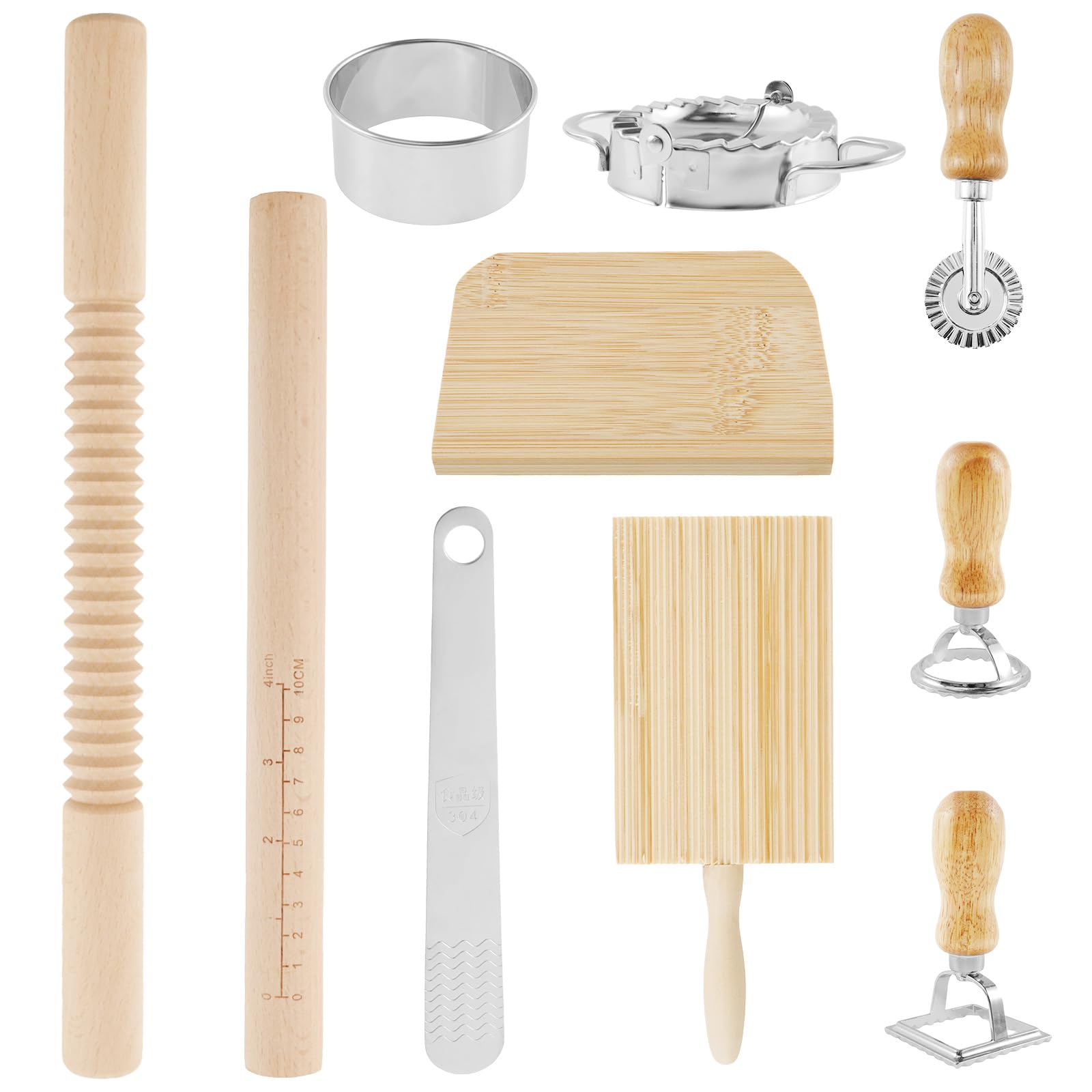 10 Pcs Pasta Making Tools Kit, Kitchen Tools for Making Pasta, Gnocchi Pasta Making Tool, Threaded Rolling Pin, Wooden Gnocchi Board, Dough Scraper, Dumpling Maker, Ravioli Stamp Maker Cutter