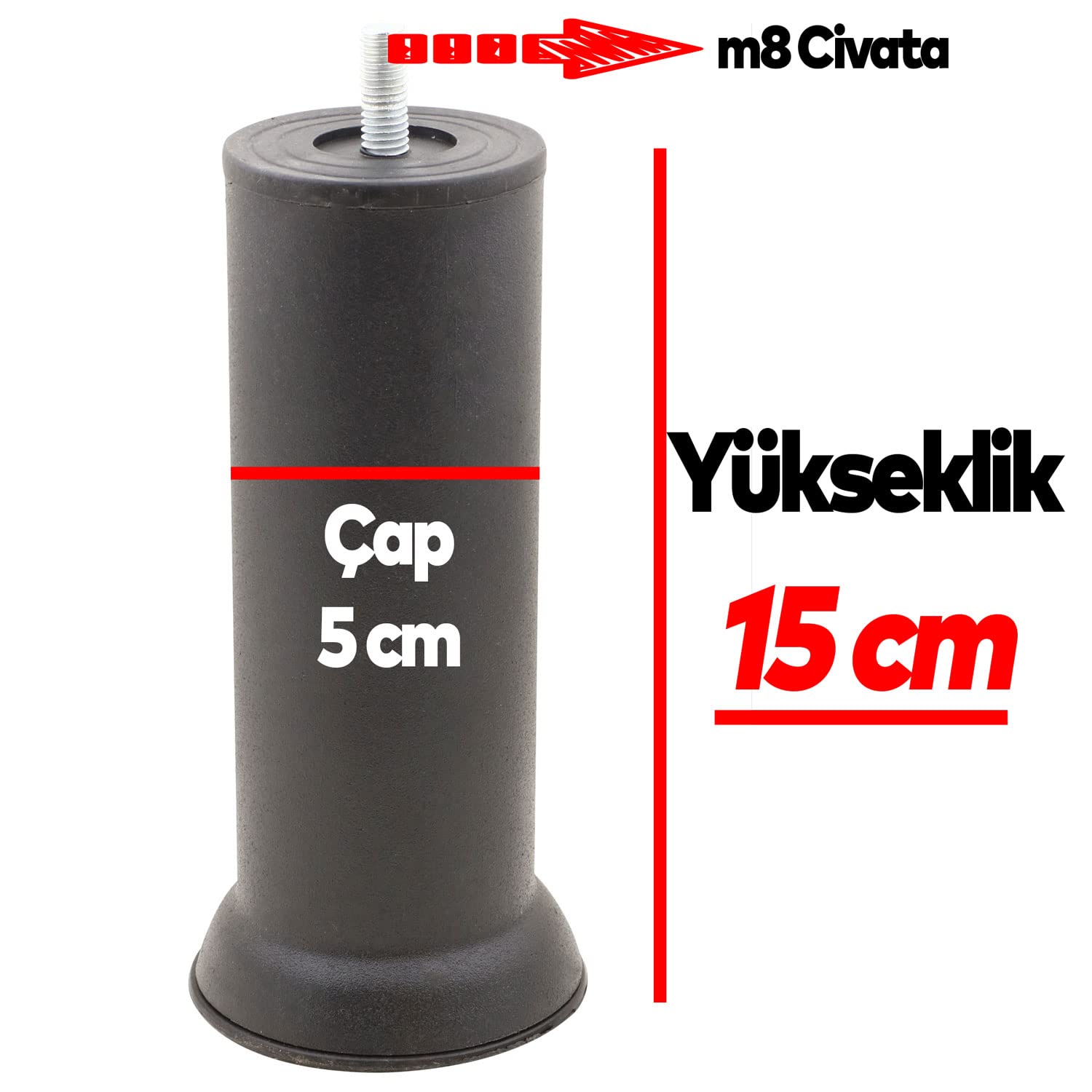 Badem10 Mobilya Baza Metal Kanepe Koltuk Destek Ayağı M8 Civatalı İnce Diş Siyah Ayak 15 cm (12 ADET)