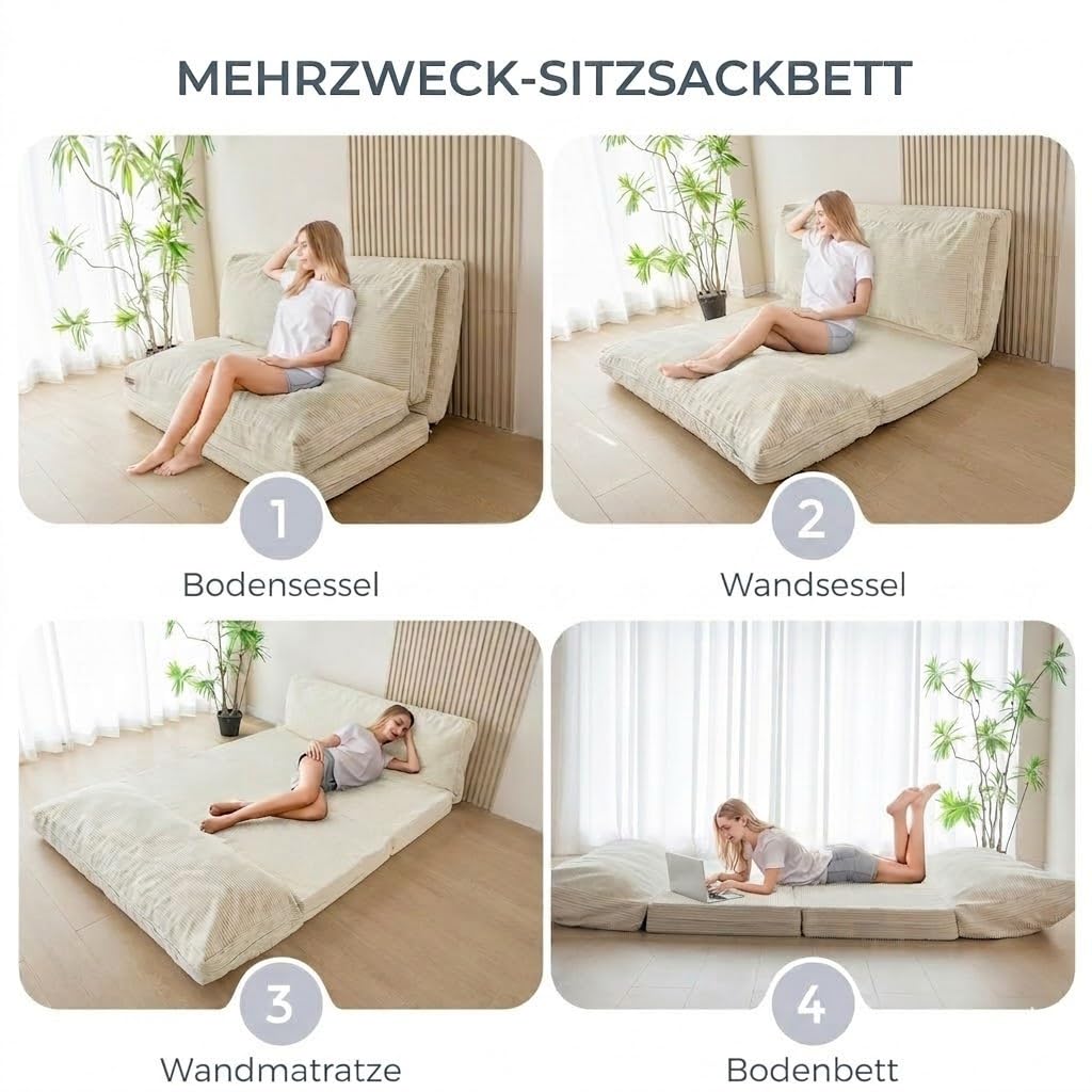 MAXYOYO Sitzsack-Bett, faltbar, Cord-Schlafsofa, Bodenmatratze für Erwachsene, extra dick, 4-Fach gefaltet, Bodencouch für Schlafzimmer, Wohnzimmer, Beige, 135 x 240 cm