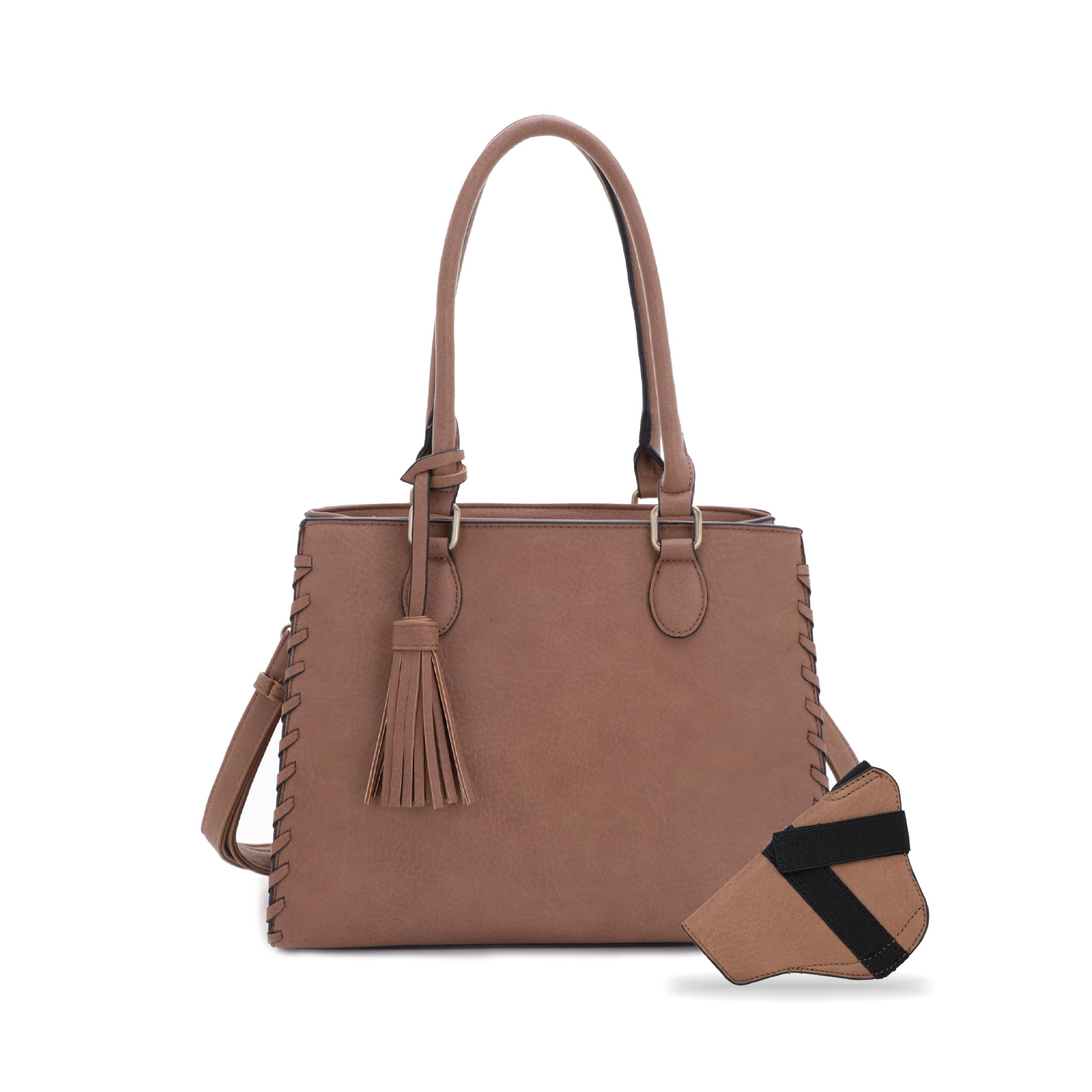 JESSIE & JAMES | Lioness Concealed Carry Satchel Bag with Tassel, Top Handle Purse with Crossbody Shoulder Strap - Sand