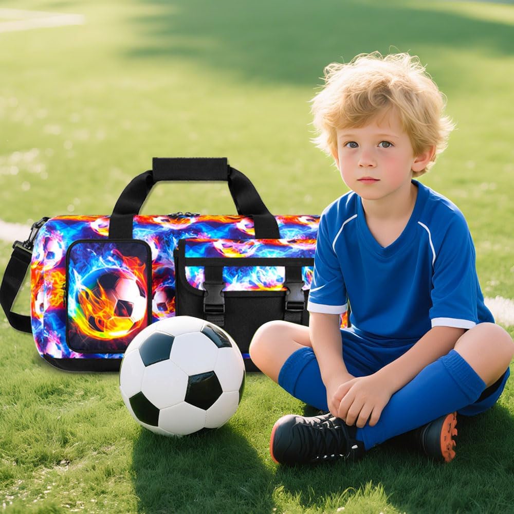 Soccer Duffle Bag for Boys, Kids Flame Water-Resistant Travel & Weekender Bag with Shoe Compartment for Sports, Gym & Sleepovers - Image 3