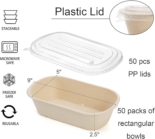 Miniatura 2 de Yesland Paquete de 50 recipientes de comida para llevar con tapa de polipropileno, cuencos de papel desechables rectangulares de 33 onzas para