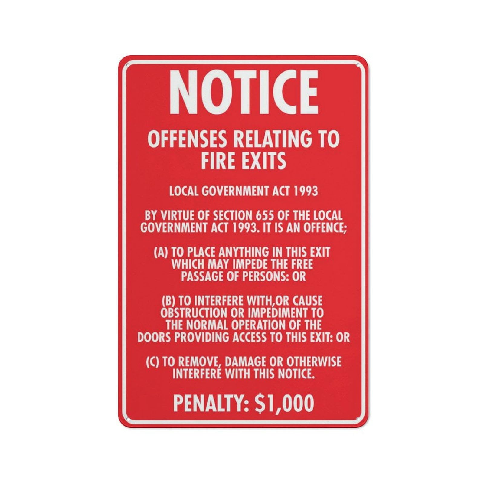 Notice Offences Relating To Fire Exits Retro Art Plaque Wall Decor Funny Gifts for Cafe Home Kitchen Garage Bathroom Farm Garden Bar Metal Posters Tin Sign 8x12 Inch