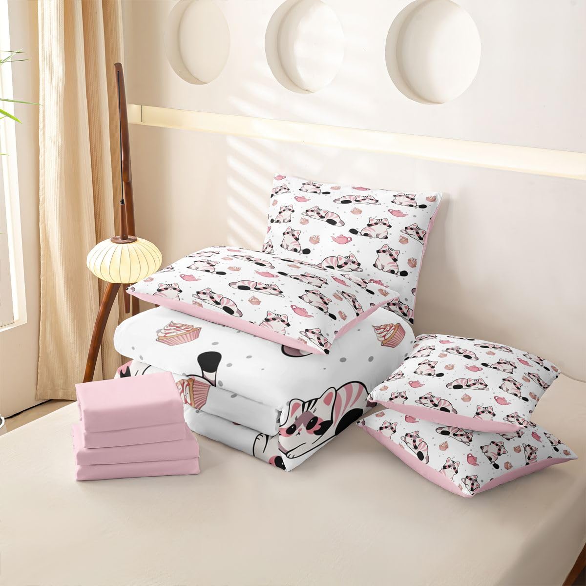 Loussiesd Set di biancheria da letto per letto singolo, 7 pezzi, bianco, rosa, grigio, con gatto, per bambini, ragazzi e ragazze, con copripiumino, lenzuola, federe, federe