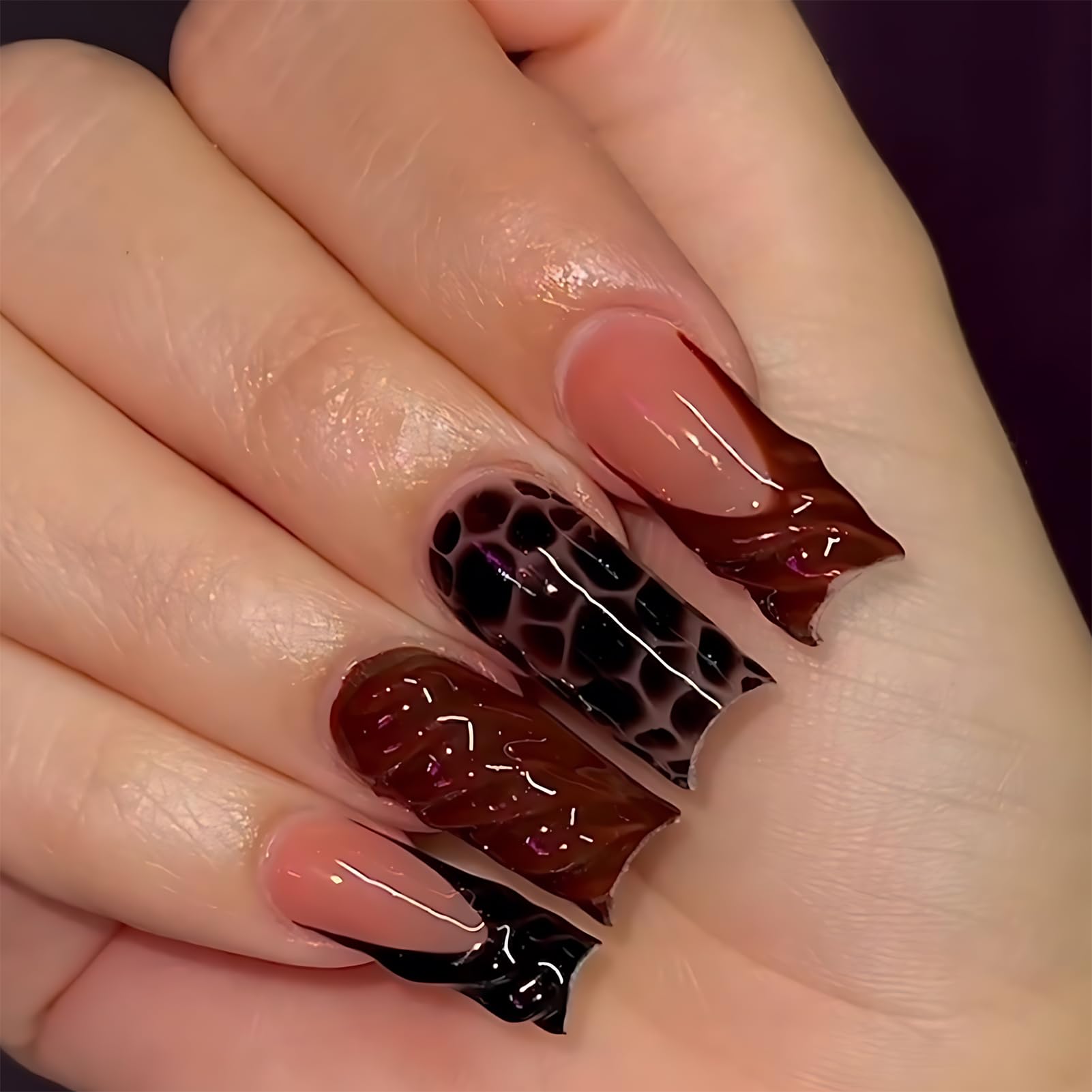 Maroon Press On Nails Medium Square Nail Tips | Tortoise Print Fall Nail Art | Dark Red Press On Nails for Women