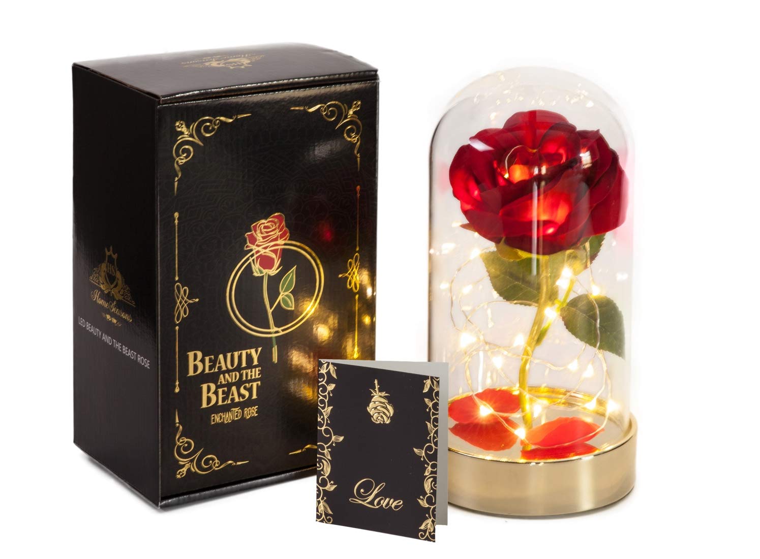 HOMESEASONS Red Rose in Glass Dome,Beauty and The Beast Red Rose Pre-Lit Silk Rose 7 3/4" H (Metal Base)